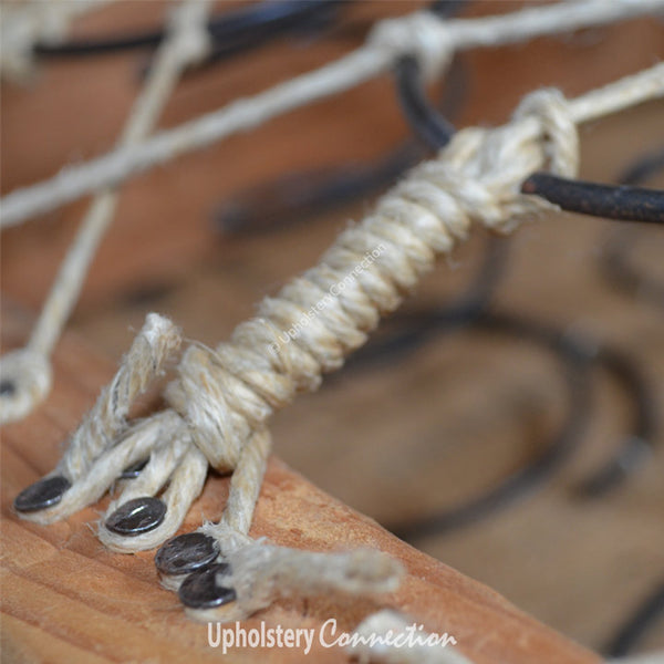 Fasten the twine with no-sag nails, and protect your edges with a reinforcing wrap